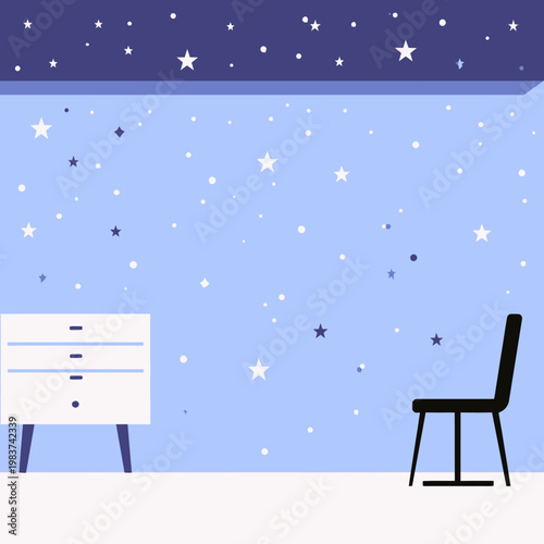 Illustration d'une chambre d'enfant minimaliste avec un mur étoilé, une commode blanche et une chaise noire.