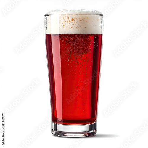 Refreshing red ale beer with frothy foam head in a tall glass; studio shot with rich amber color and effervescent bubbles