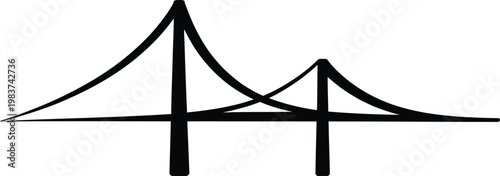 Minimalist black silhouette of a large suspension bridge featuring two tall towers and thick steel cables