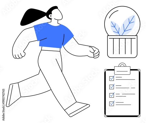 Sustainability, goal setting, productivity, environmental awareness, planning, personal growth. Minimalist drawing of a woman walking with a checklist and globe icon. Sustainability and goal setting
