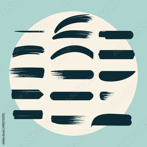 Collection de coups de pinceau noirs et de traits de peinture texturés, parfaits pour des éléments de design graphique et des soulignements artistiques.