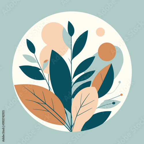 Illustration vectorielle minimaliste de feuilles et formes organiques aux couleurs douces dans un cercle, évoquant la nature et le bien-être.