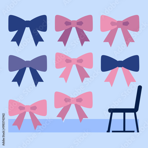 Une composition minimaliste de neuf nœuds papillon colorés, roses et bleus, disposés en grille sur un fond clair, avec une chaise simple.