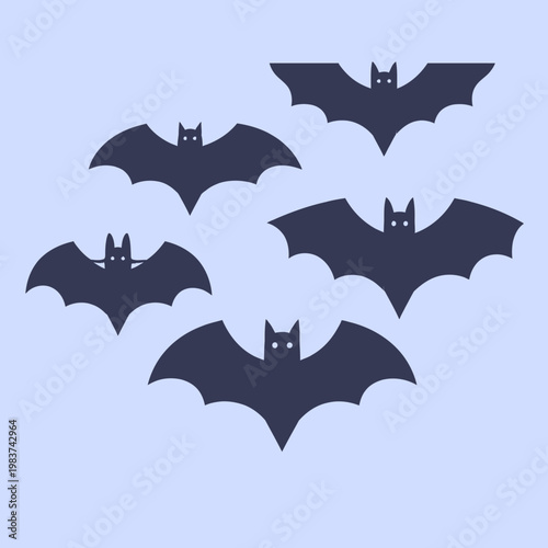 Cinq chauves-souris sombres et stylisées avec des yeux lumineux volent sur un fond bleu clair, évoquant l'ambiance mystérieuse d'Halloween.
