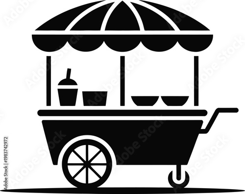 Simple black icon of a street food stall serving refreshing beverages and snacks to customers