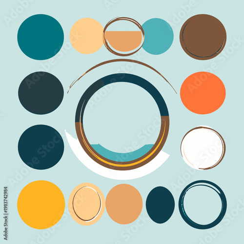 Palette de couleurs abstraite et moderne composée de cercles et formes géométriques, évoquant une harmonie naturelle pour le design graphique.