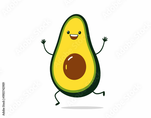 Illustration vectorielle d'un avocat souriant et dynamique en pleine course, symbolisant l'énergie, la joie et une alimentation saine.
