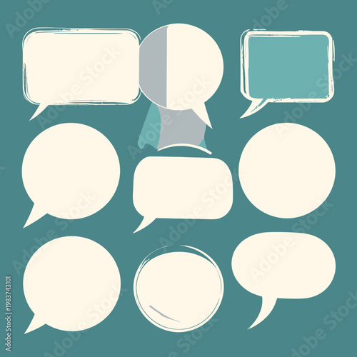 Ensemble de bulles de dialogue et de cadres de texte de styles variés sur fond bleu canard, idéal pour les projets créatifs et sociaux.