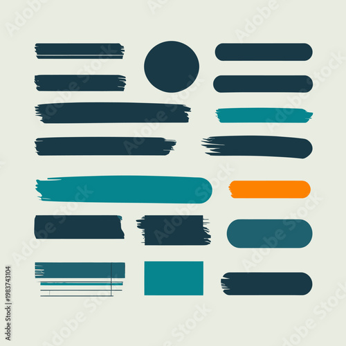 Collection d'éléments de design graphique avec des coups de pinceau abstraits, des formes géométriques et des textures artistiques en bleu et orange.