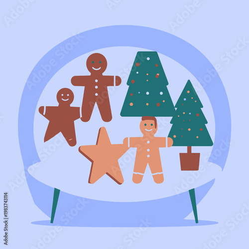 Illustration plate de bonhommes en pain d'épices, d'une étoile et de sapins de Noël décorés sur un support bleu clair festif.