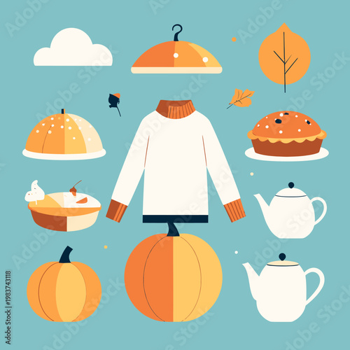 Illustration plate d'objets automnaux incluant un pull blanc, des citrouilles orangées, des tartes aux pommes et des théières sur fond bleu.