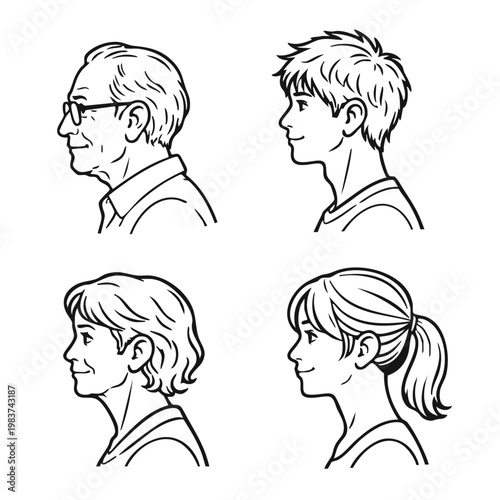 世代別の横顔人物イラストセット 子供から高齢者までの家族プロフィール素材・線画・ベクター / Side profile people illustration set multi generation family characters from child to senior , vector