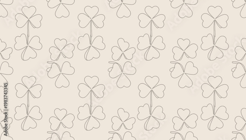 Seamless Pattern of Four-Leaf Clovers in Outline Style on a Beige Background
