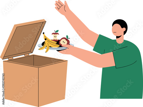 A man happily taking fresh fruit out of a cardboard box on transparent background