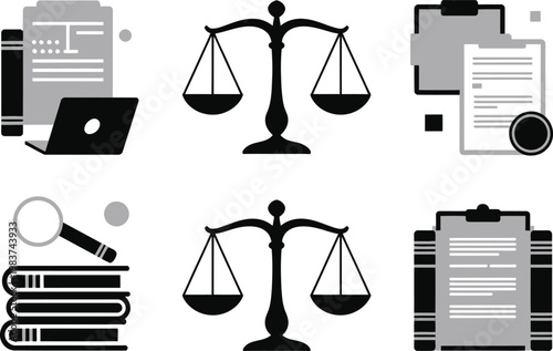 Professional law firm and legal consultation icons featuring scales of justice documents and study books
