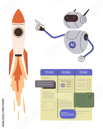 Innovation, technology, project planning, AI integration, productivity, teamwork. Robot with AI label points to rocket beside to-do board. Innovation and technology concept portrayed