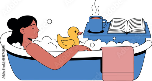 A woman relaxes in a bathtub with a rubber duck on transparent background