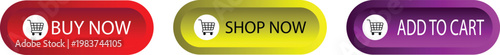 E-commerce web buttons, buy now, shop now, add to cart