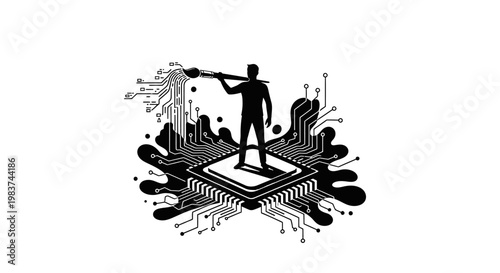 Man painting cityscape on microchip with brush.