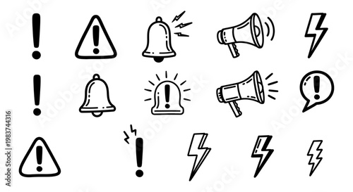 warning icons alert symbols notification elements exclamation mark and lightning bolt vector set ideal for urgent digital media and ui design projects.