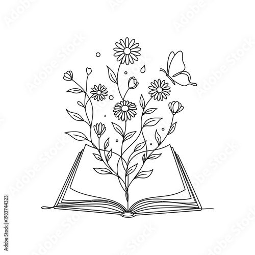 open book with blooming flowers and butterfly illustration of imagination and growth