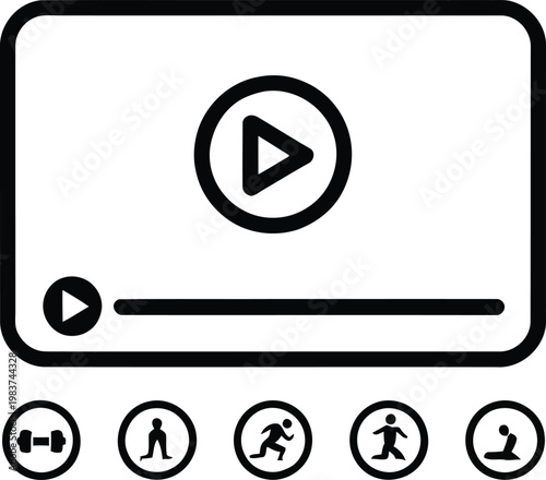 Video player interface showcasing fitness workout tutorials with exercise icons for health and wellness training programs