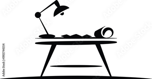 Architect workspace featuring a drafting table with a desk lamp and rolled blueprints for professional planning