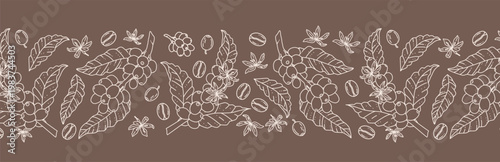 Elegant seamless coffee plant border with line‑drawn branches, leaves, cherries and beans on brown background; refined botanical motif ideal for packaging labels branding textile and decorative design