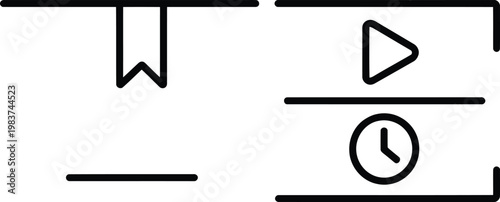 Interface icons set featuring bookmark play button and clock for mobile navigation and web user experience