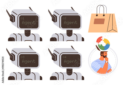 Artificial intelligence, machine learning, e-commerce, decision making, problem solving, virtual agents. Robots with text Agent, shopping bag graphic man with puzzle brain. AI and e-commerce