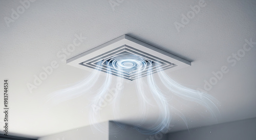Square ceiling air vent with air flow illustration for cooling system in a modern white room for temperature control and clean air