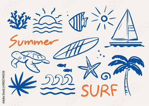 Summer Sea Life Blue Line Art Set, Hand Drawn Surfboard, Sea Turtle, Sailboat, and Tropical Palm Tree Doodles, Minimalist Nautical Elements for Beach Posters and T-shirt Design