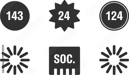 Various numerical indicators and loading progress icons for digital interface and user experience navigation systems