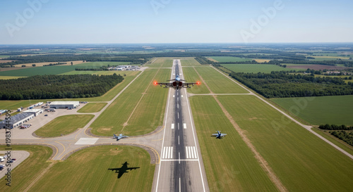 Fighter jet taking off from runway at airbase aerial view of military aircraft accelerating for flight with red navigation lights on