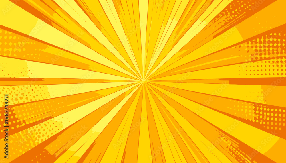 Fototapeta premium Sfondo giallo brillante con raggi esplosivi in stile fumetto e texture a semitoni, effetto dinamico