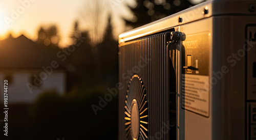 Air conditioning unit detail against sunset sky providing cooling climate control ventilation solution with modern design and efficient technology