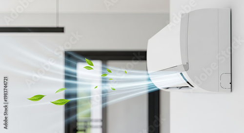 Modern air conditioner blowing fresh air with green leaves air purification system technology clean air concept health and home comfort
