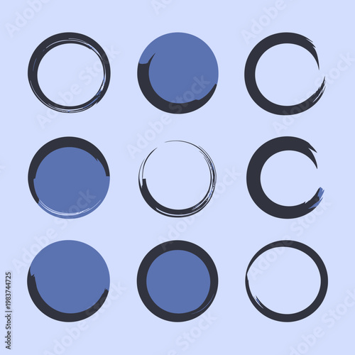 Nove cerchi astratti disegnati a mano in tonalità di blu e nero su sfondo blu chiaro