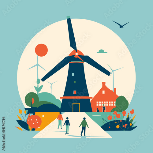 Illustrazione stilizzata di un mulino a vento olandese con persone che camminano su un sentiero in un paesaggio rurale.