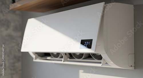 Modern white air conditioner unit displaying 22 degrees Celsius mounted on a wall promoting comfort with efficient climate control technology