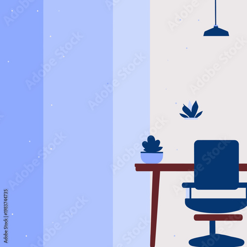 Scrivania moderna con sedia da ufficio, piante e lampada in un ambiente minimalista