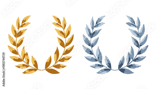 Corona d'alloro dorata e corona d'alloro argentata su sfondo bianco, simbolo di vittoria e successo