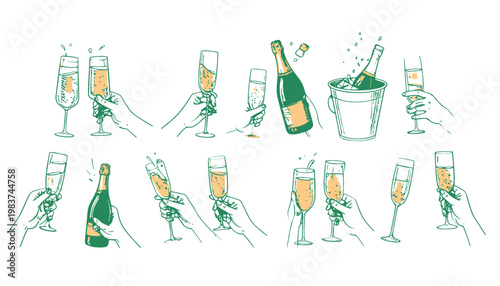 Collezione di mani che tengono bicchieri di champagne e bottiglie, celebrando un evento speciale.