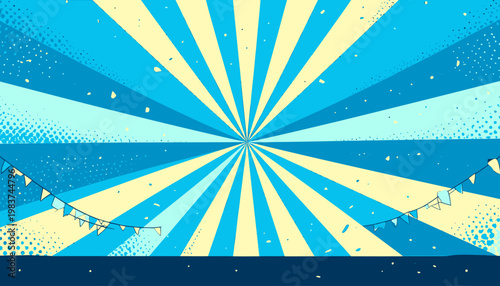 Sfondo vibrante a raggi di sole blu e giallo con ghirlande festive, evocando un'atmosfera retrò e fumettistica.