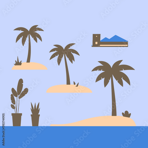 Illustrazione stilizzata di palme su isole tropicali con piante in vaso e un edificio moderno sullo sfondo