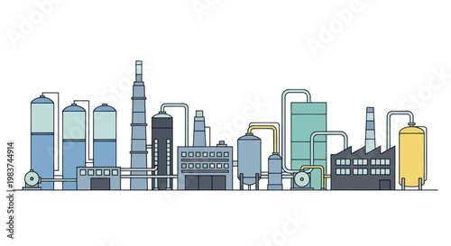 Industrial Factory Complex with Tall Chimneys and Storage Tanks.