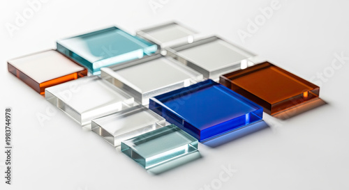 Colorful transparent acrylic blocks arranged on a white surface creating a modern geometric mosaic pattern and abstract design
