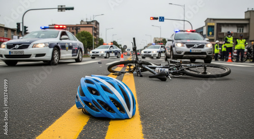 Aftermath of bicycle accident on city street with police presence and cyclist helmet; safety and investigation