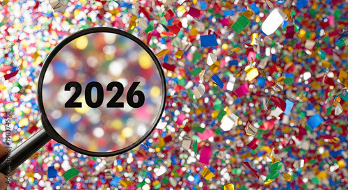 Magnified View of 2026 Year Surrounded by Vibrant Celebration Confetti; Macro Lens Reveals Details of New Year Party Event