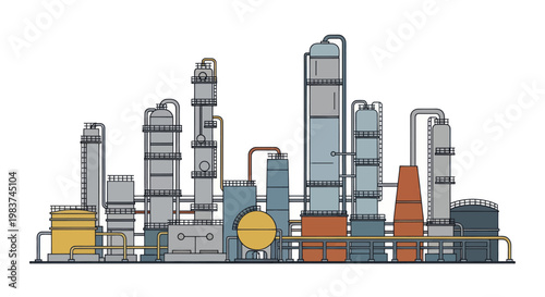 Industrial oil refinery complex with distillation towers and pipelines.
